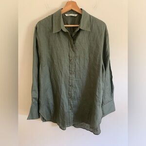 Zara Olive Green Button-Down Linen Shirt